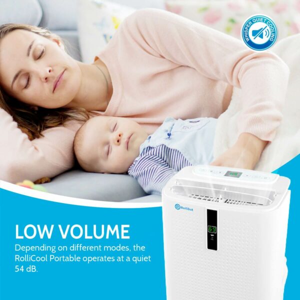 Mother and baby enjoy resting with the comfort of cool temperatures and low volume from their portable AC unit RolliCool